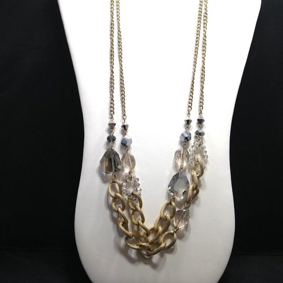 Gold Tone Statement Necklace with Faceted Crystal Beads 29 Inch Long Chain - Picture 2 of 10